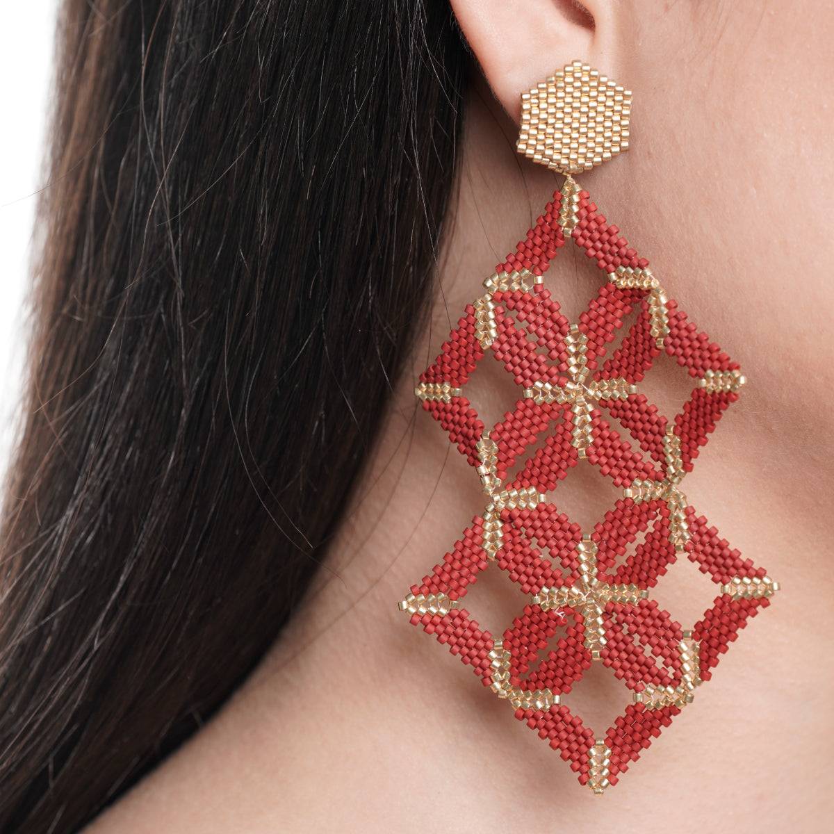 Maxi Aretes Rombos Entrelazados Rojo